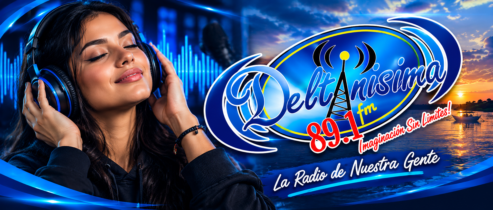 Chica escuchando música con audífonos y logo Deltanísima 89.1 FM